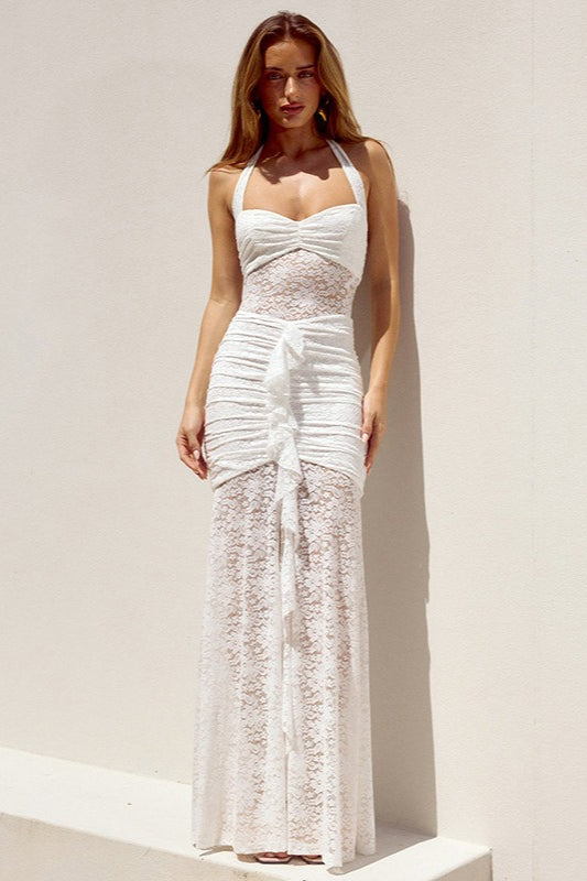 Lace Sweetheart Ruched High Split Sheer Maxi Dress - View 3