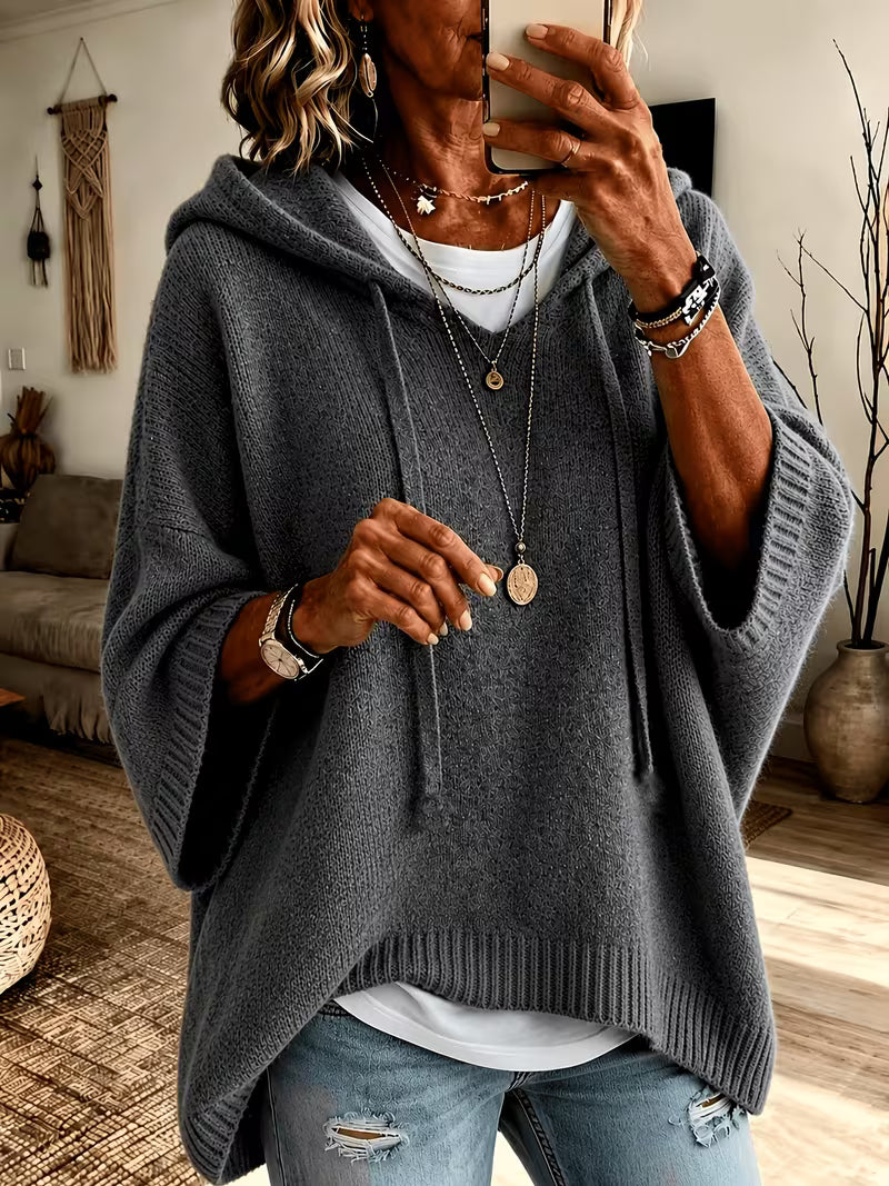 Hooded Drawstring Oversized Knit Poncho Sweater 14