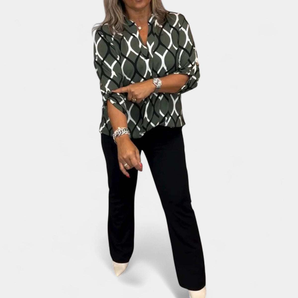 Geometric Print Collared Long Sleeve Blouse