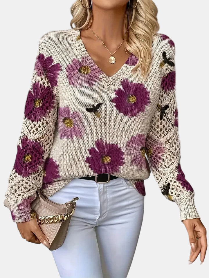 Floral V-Neck Long Sleeve Crochet Sleeve Knit Sweater 4