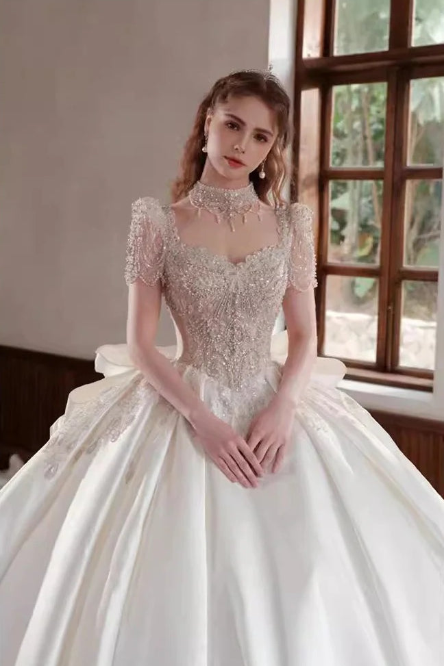 High Neck Short Sleeve Beaded Bodice Satin Ball Gown