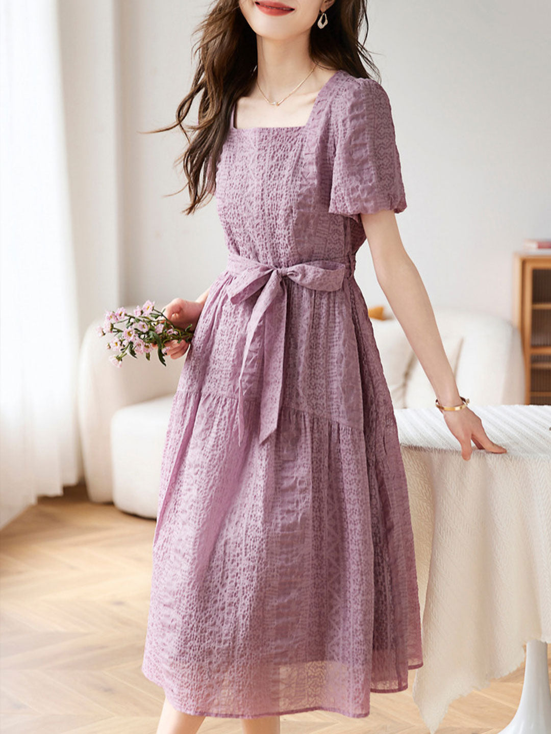 Square Neck Short Sleeve Tie Belt Tiered A-Line Midi Dress - View 3