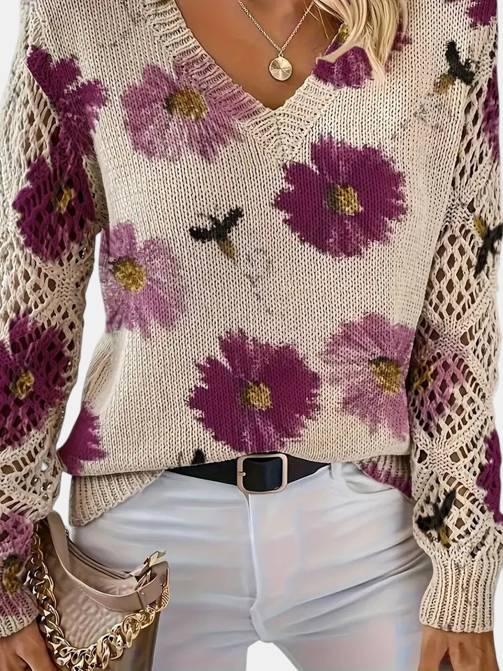 Floral Print V-Neck Crochet Sleeve Knit Sweater 5