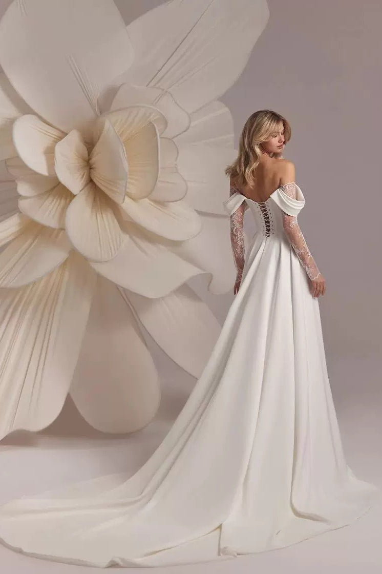 Off Shoulder Corset Lace Long Sleeve High Split A-Line Train Gown - View 4