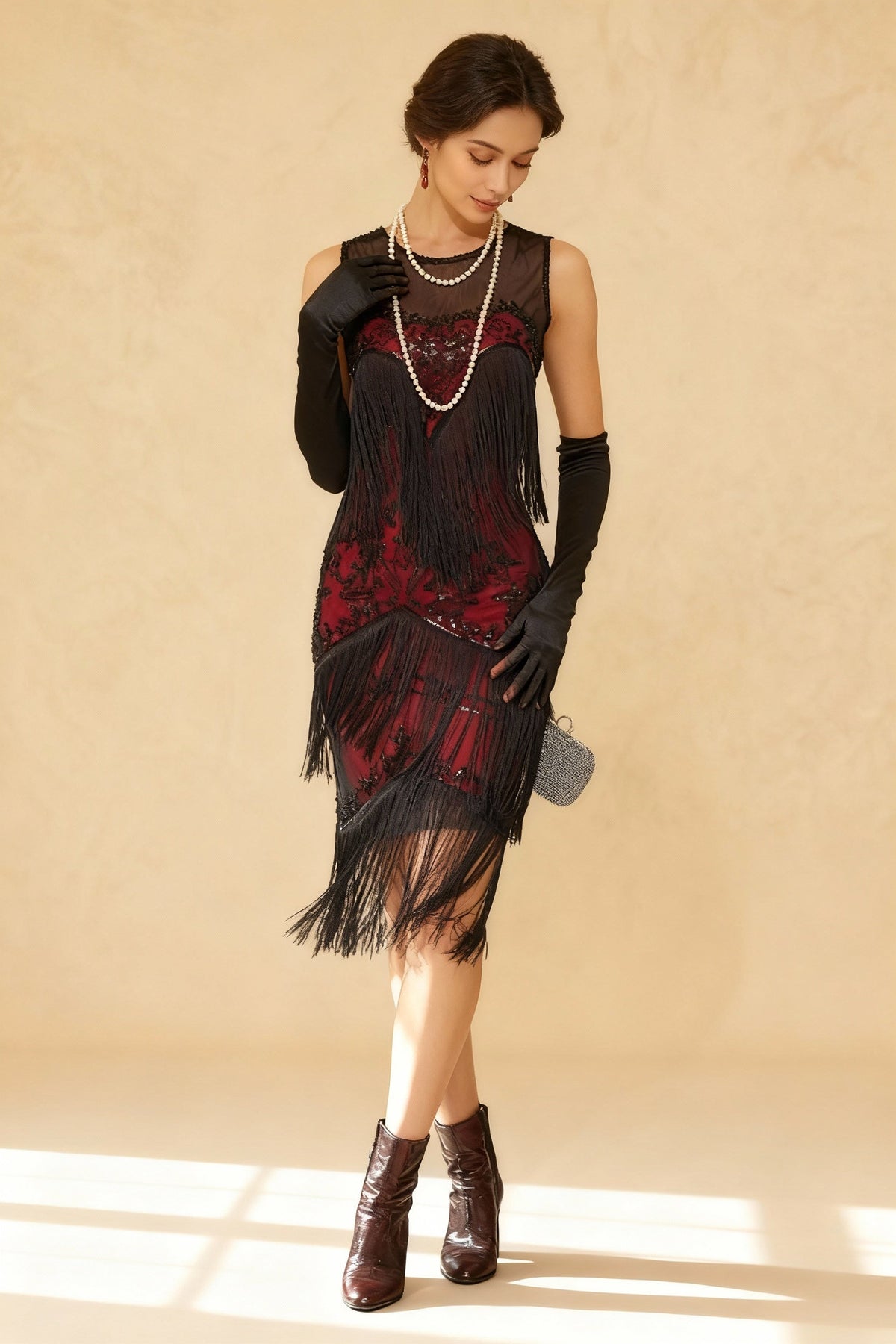 Mesh Yoke Beaded Sequin Fringe Flapper Party Dress - View 5