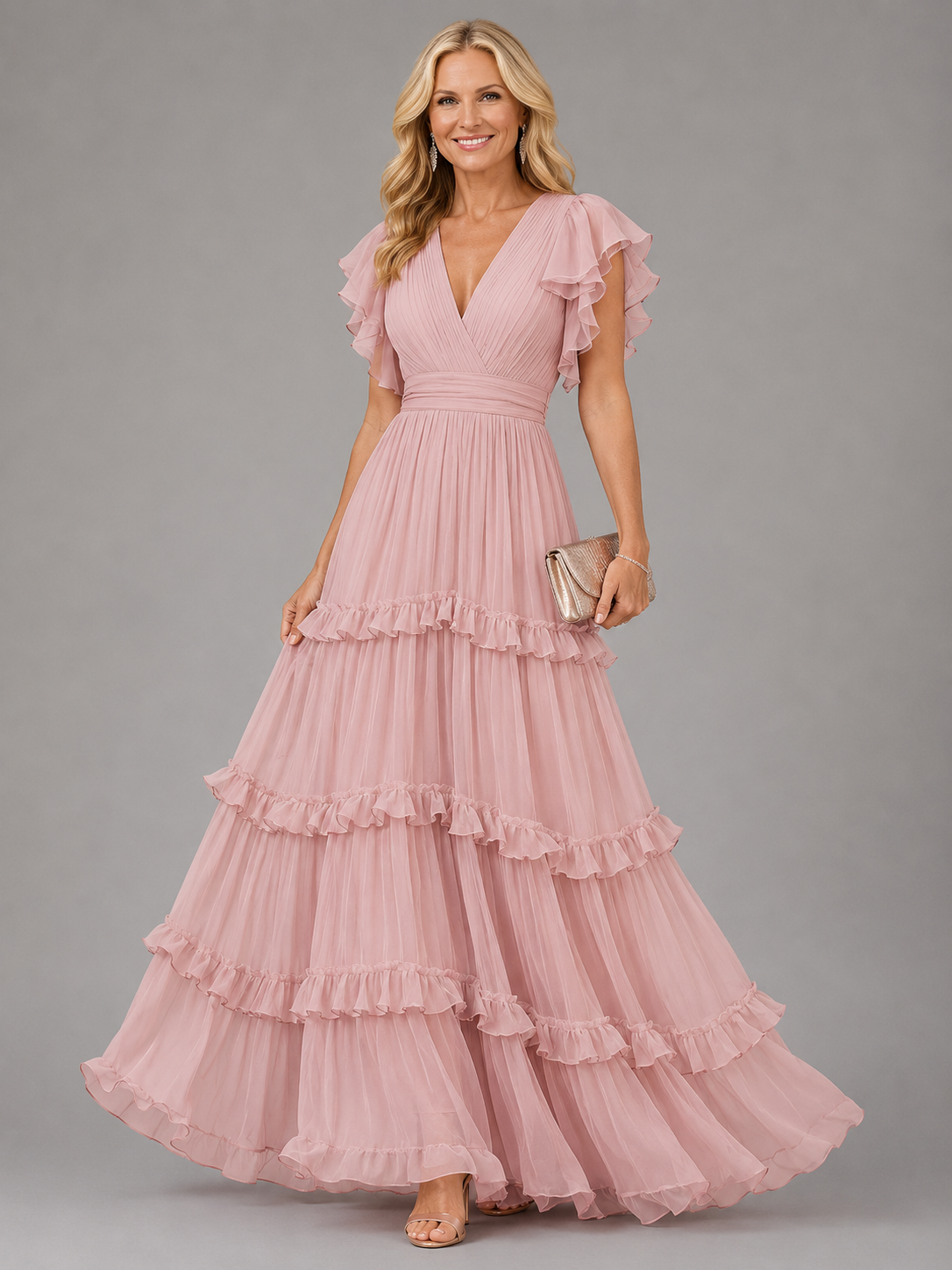 V-Neck Flutter Sleeve Tiered Ruffle Maxi Gown 2