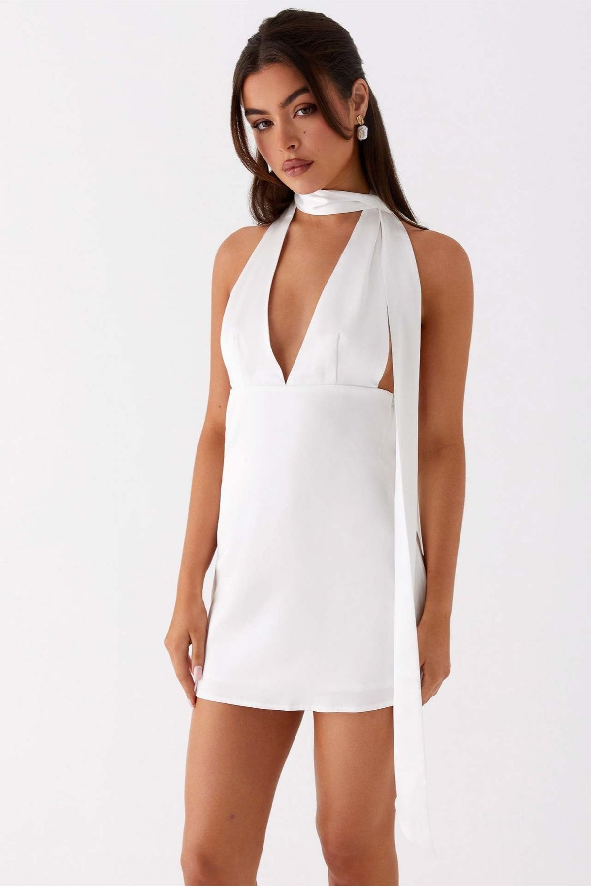 Satin Halter Scarf Neck Deep V-Neck Cut Out Mini Cocktail Dress - View 14