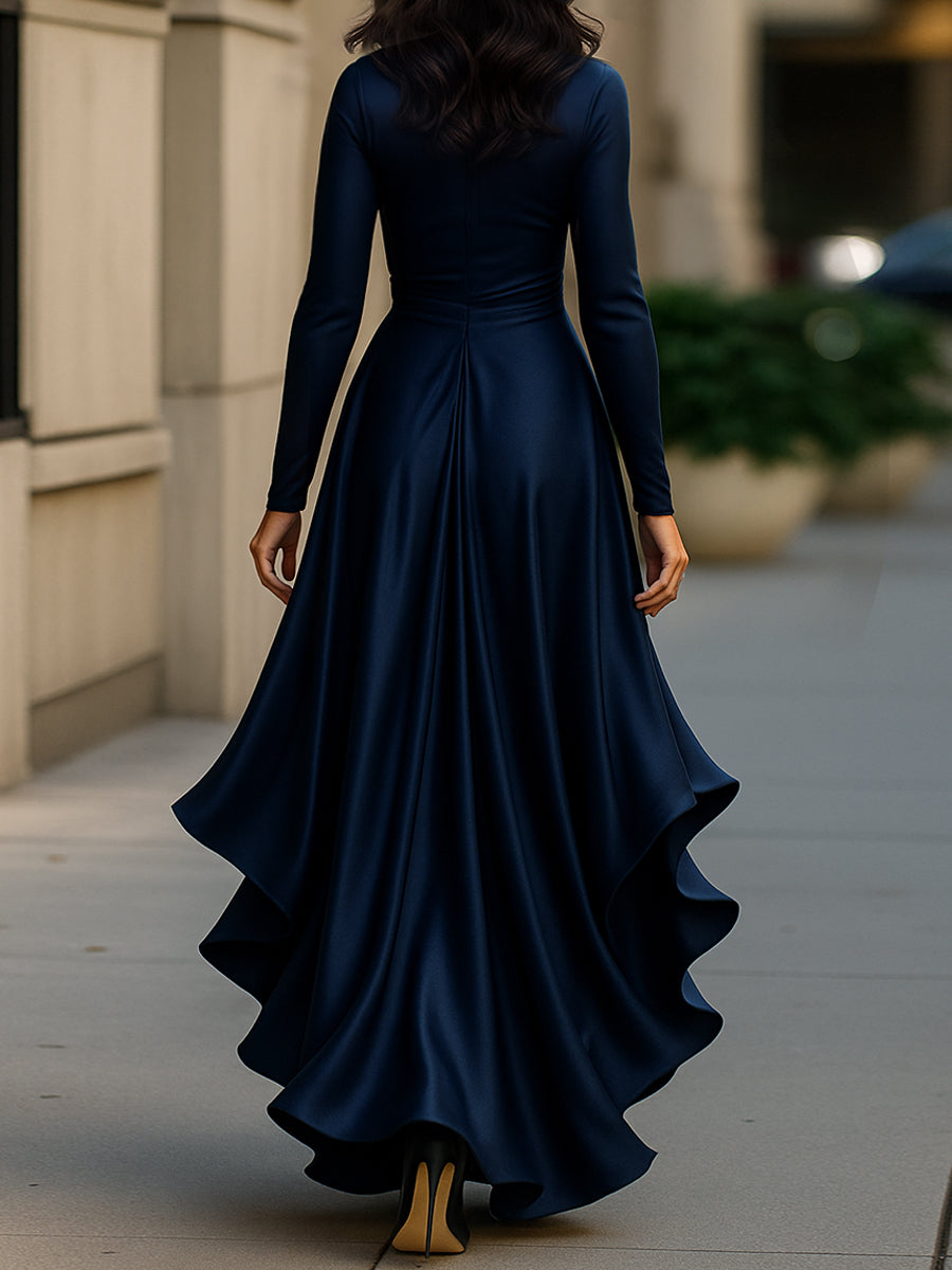 Deep V-Neck Long Sleeve Ruffle Wrap Satin Maxi Dress 4