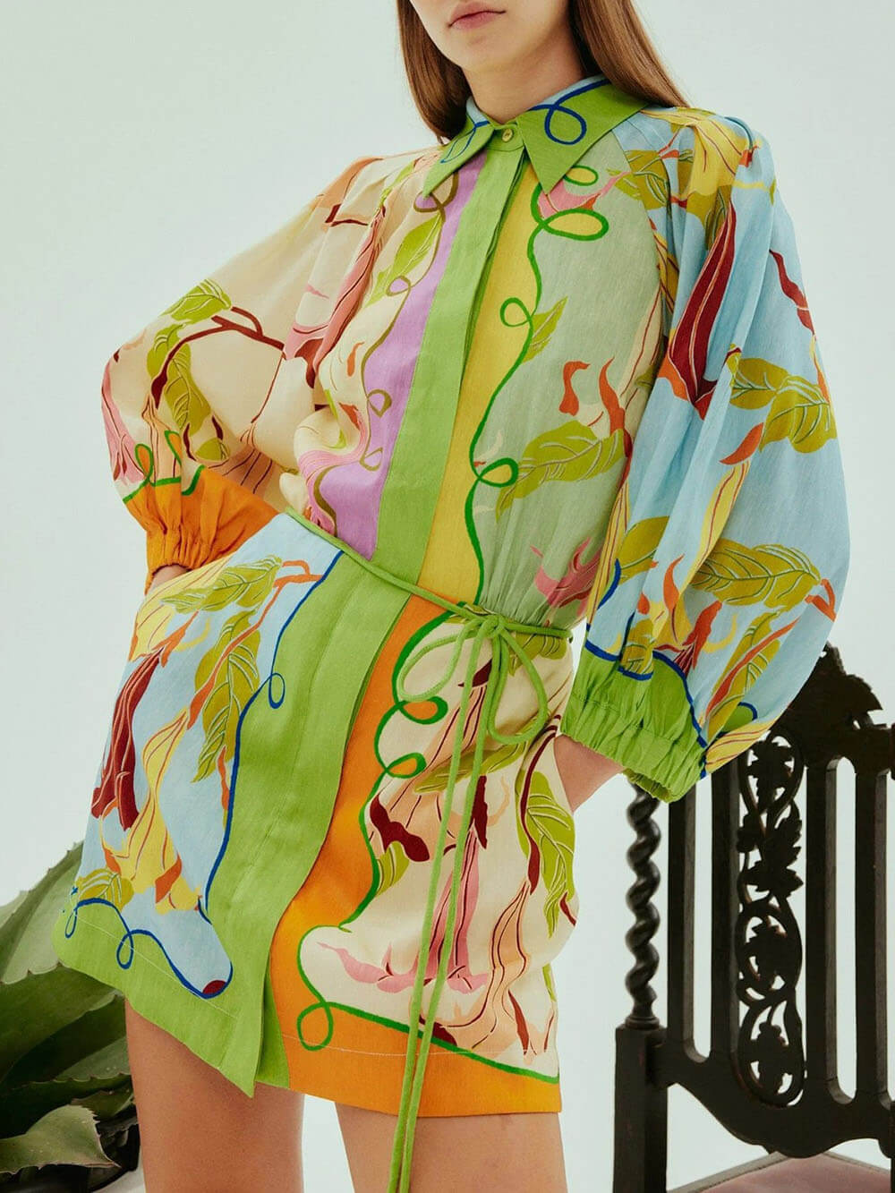 Botanical Patchwork Print Long Sleeve Mini Shirt Dress - View 5