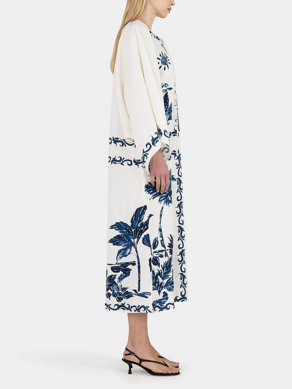 Palm Print V-Neck Long Sleeve Kaftan Midi Dress - View 3