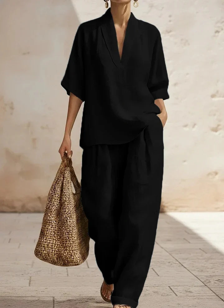 Deep V-Neck Short Sleeve Top and Wide Leg Pants Two Piece Set 5