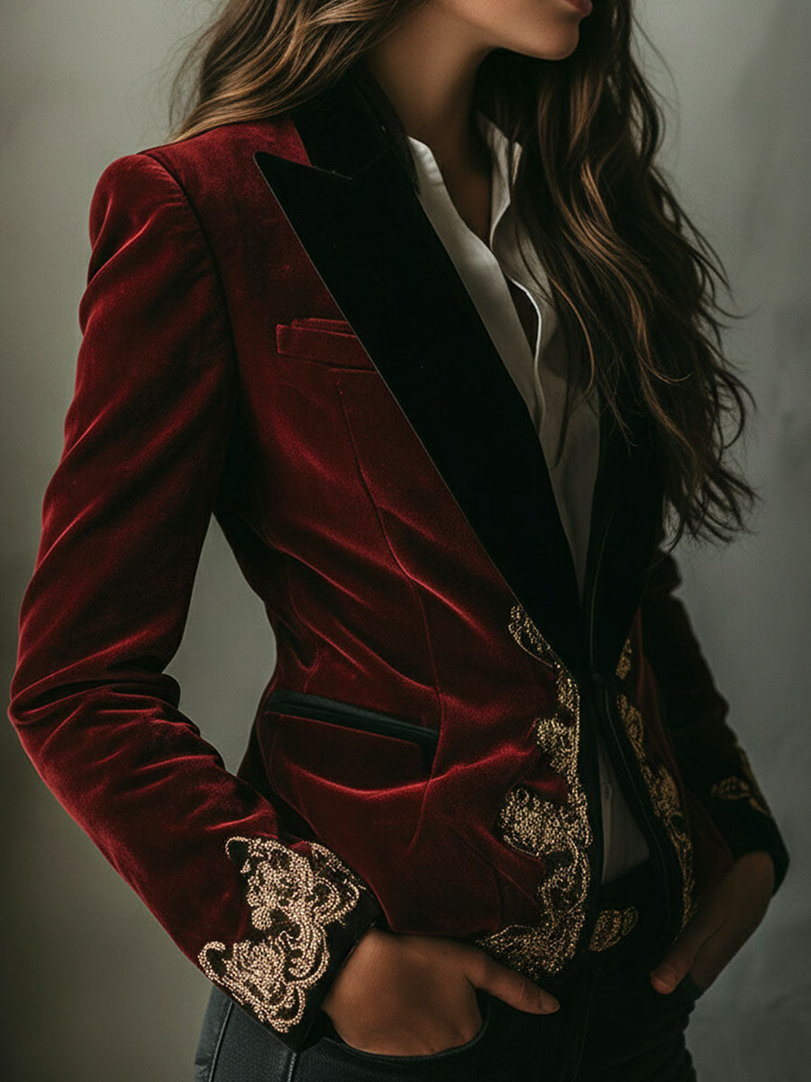 Embroidered Contrast Lapel Velvet Blazer 2