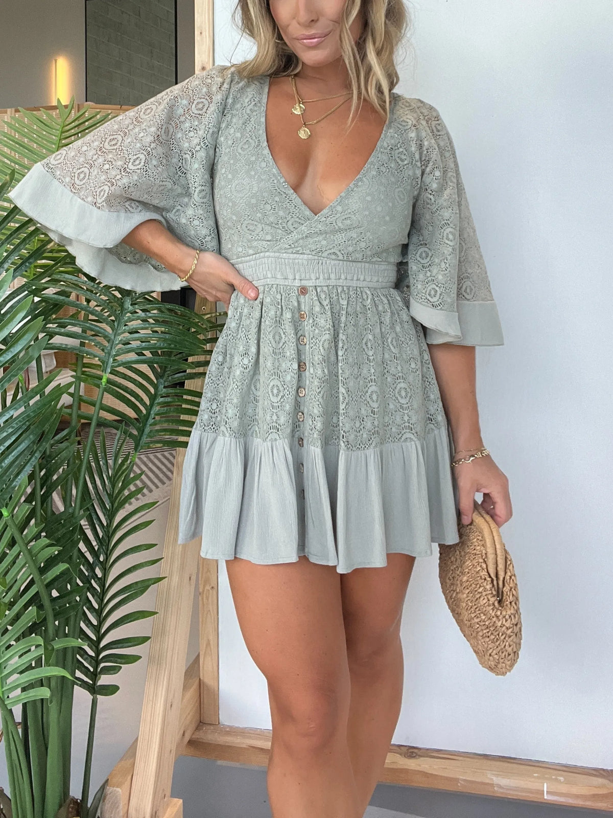 Lace Wrap V-Neck Smocked Waist Button Front Ruffle Mini Dress