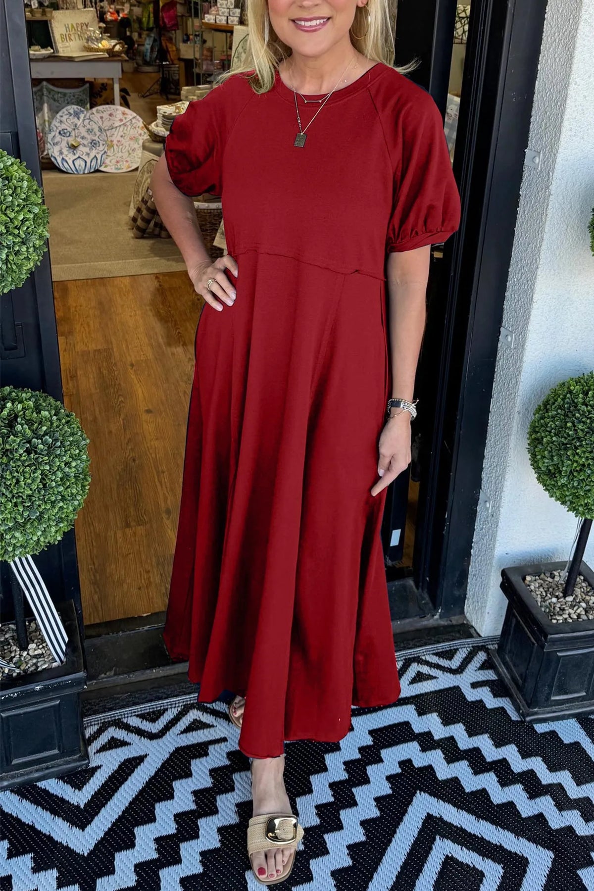 Round Neck Puff Sleeve Fit and Flare Midi Dress 9