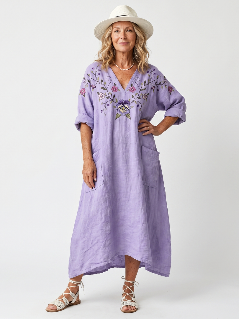 Floral Embroidered V-Neck Pocket Midi Dress