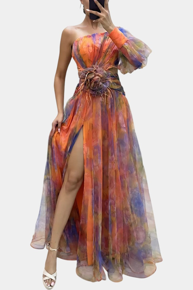 Floral One Shoulder Long Sleeve High Split Maxi Gown 6