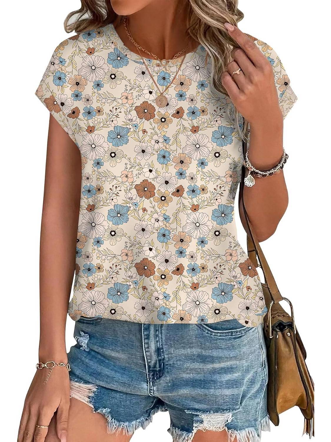 Leaf Print Round Neck Cap Sleeve Top 4