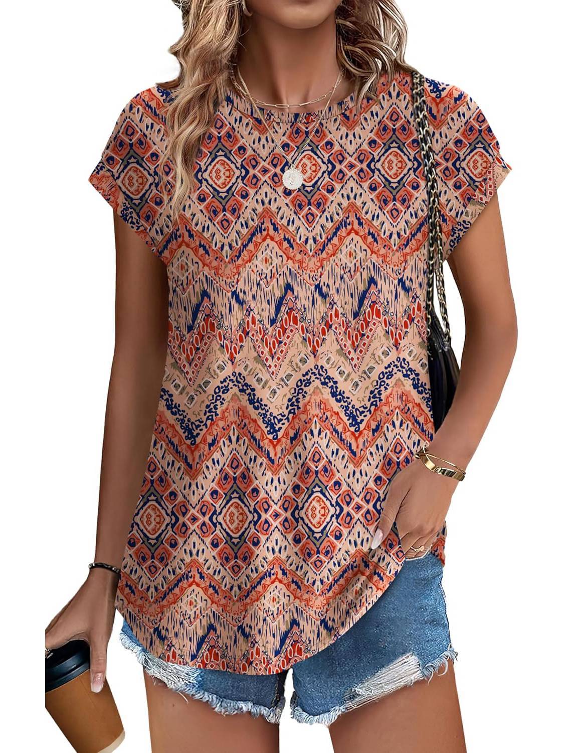 Leaf Print Round Neck Cap Sleeve Top 9