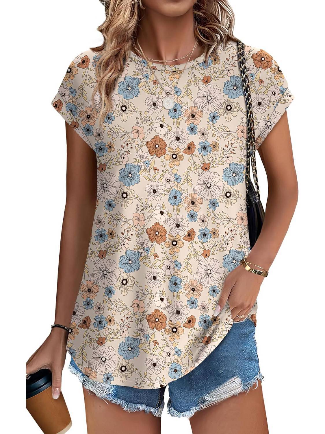 Leaf Print Round Neck Cap Sleeve Top 11