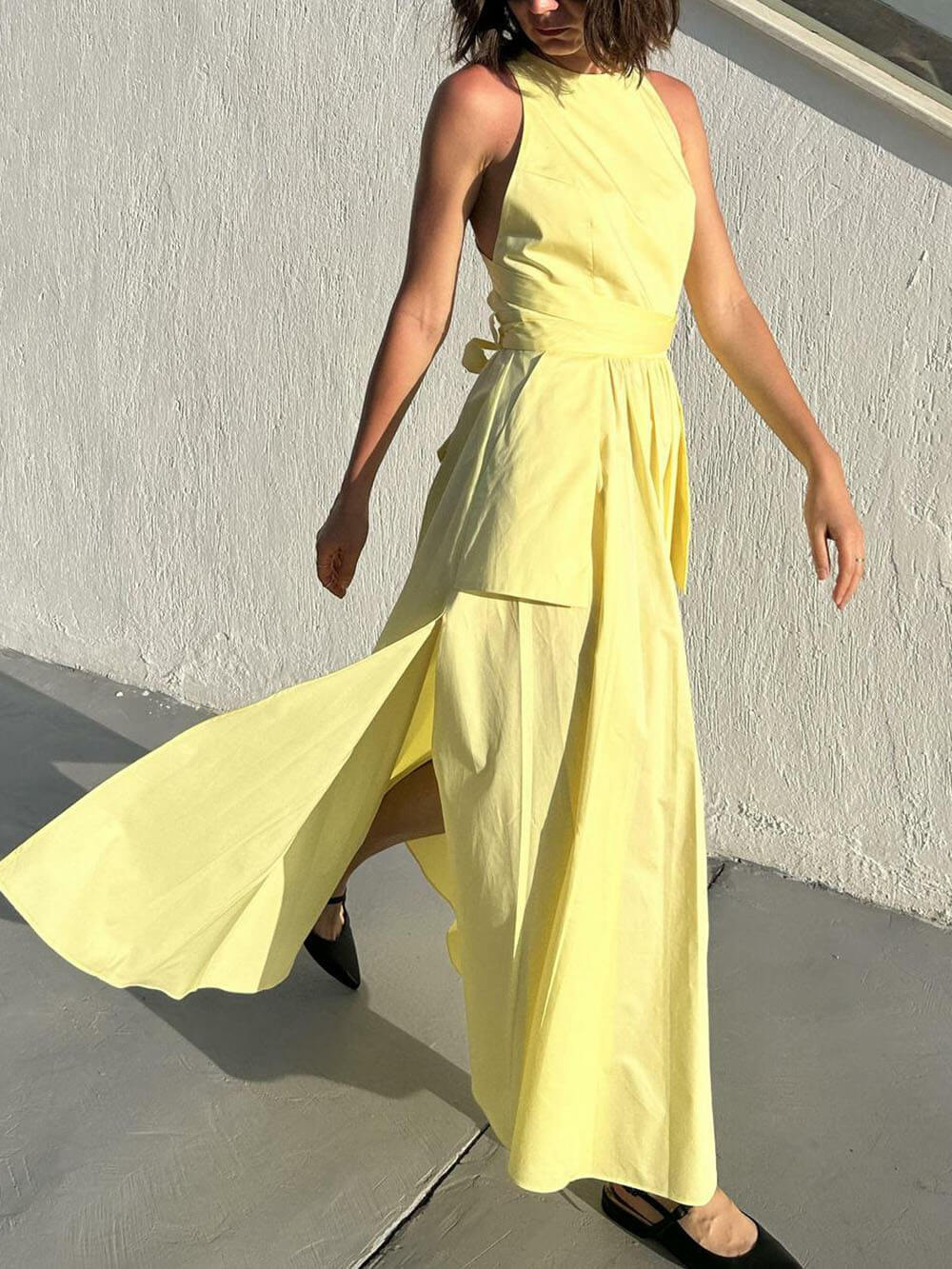 Spaghetti Strap Square Neck Tie Belt Side Pocket Maxi Dress - View 10