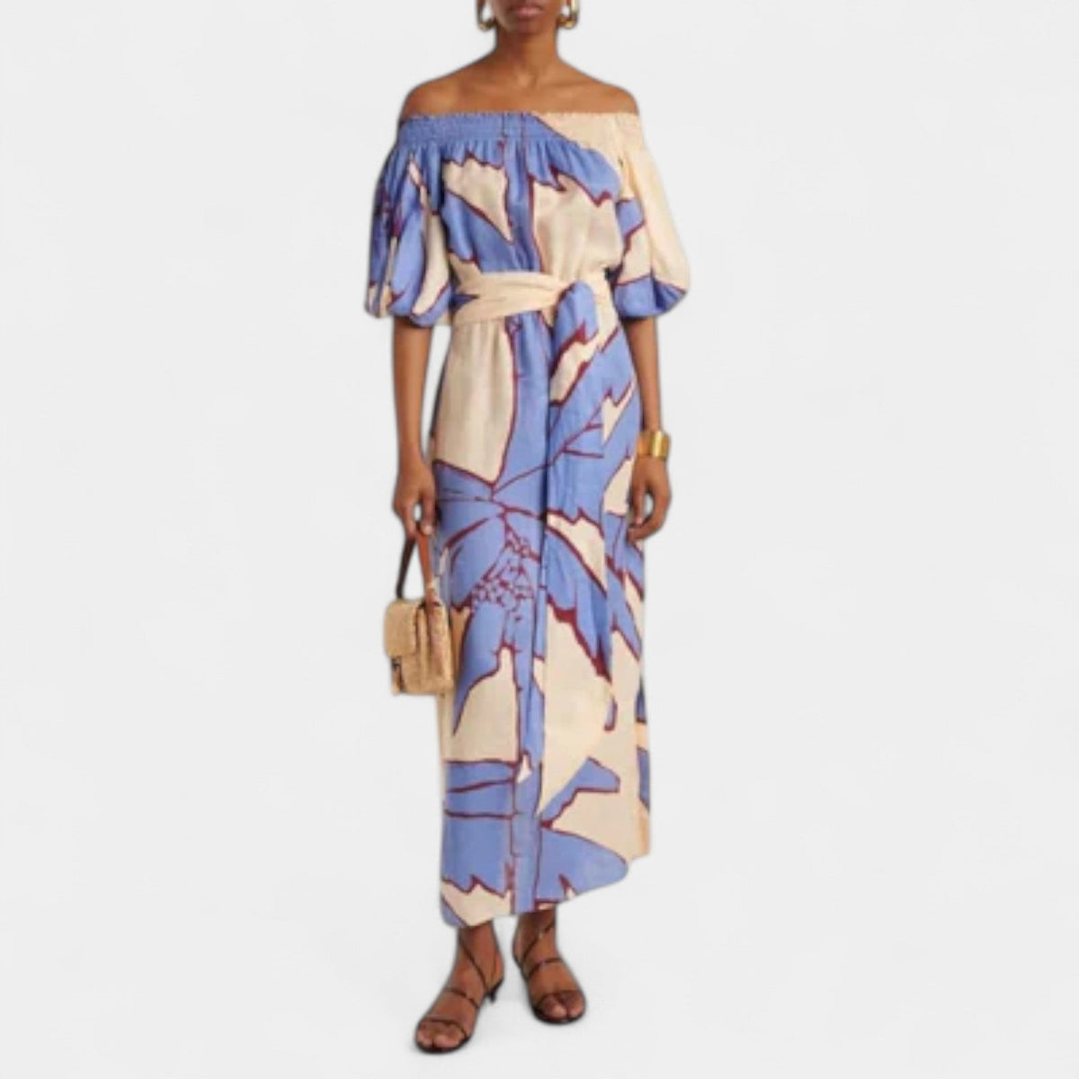Leaf Print Off Shoulder Puff Sleeve Belted Maxi Dress 7