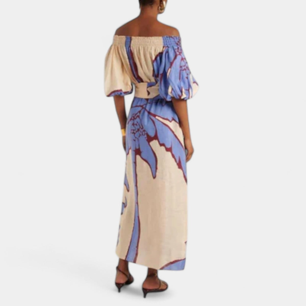 Leaf Print Off Shoulder Puff Sleeve Belted Maxi Dress 8
