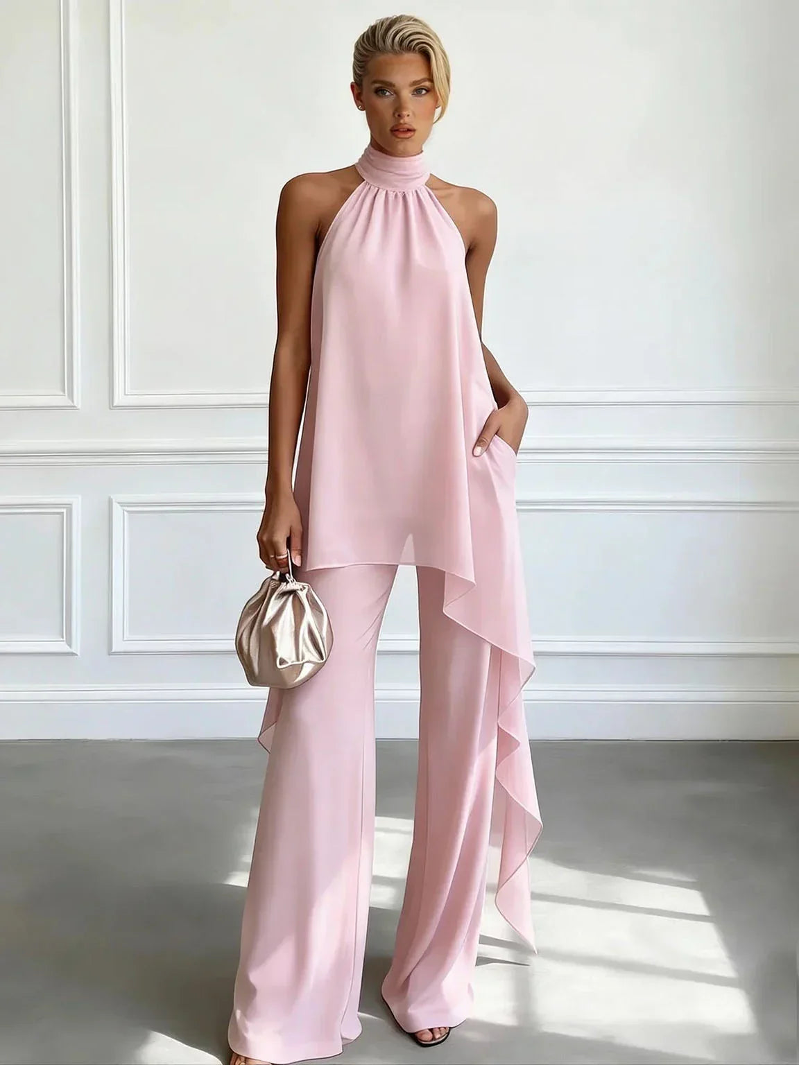 Halter Neck Chiffon Overlay Top and Wide Leg Pants Two Piece Set 6