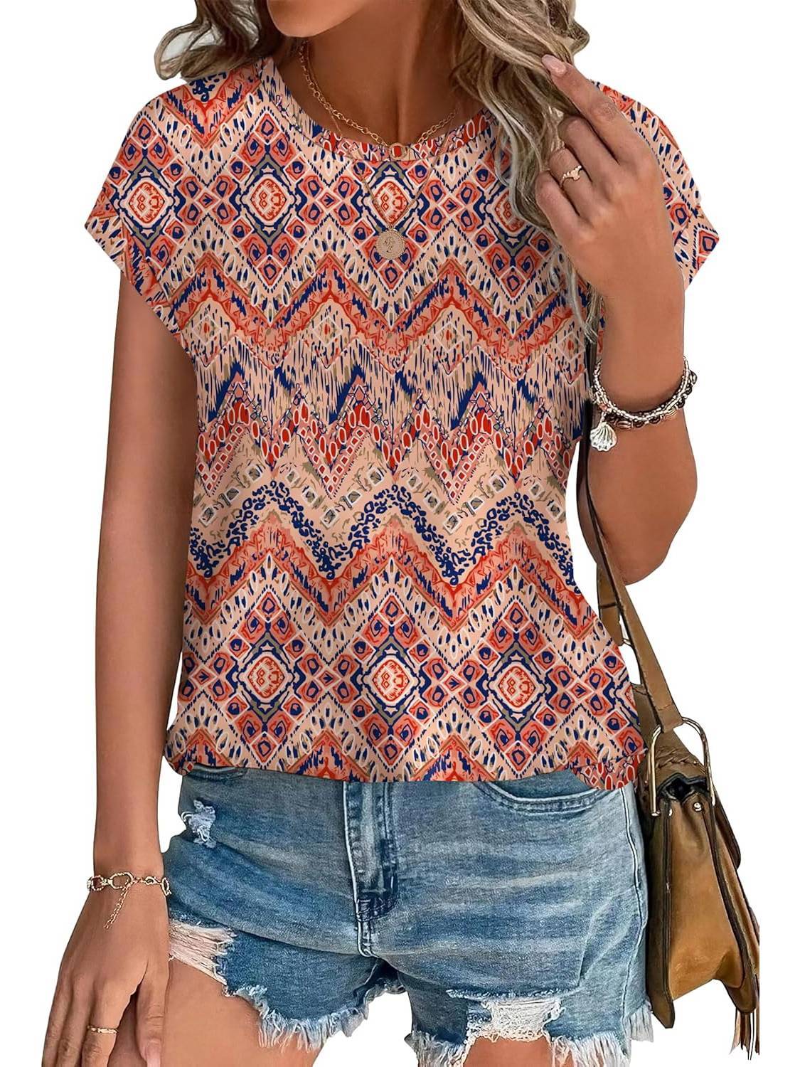 Leaf Print Round Neck Cap Sleeve Top 2