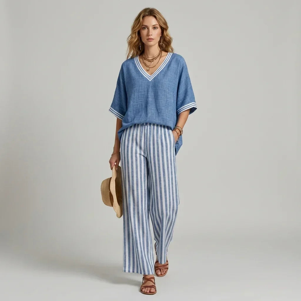 V-Neck Contrast Trim Top and Striped Wide Leg Pants Two Piece Set