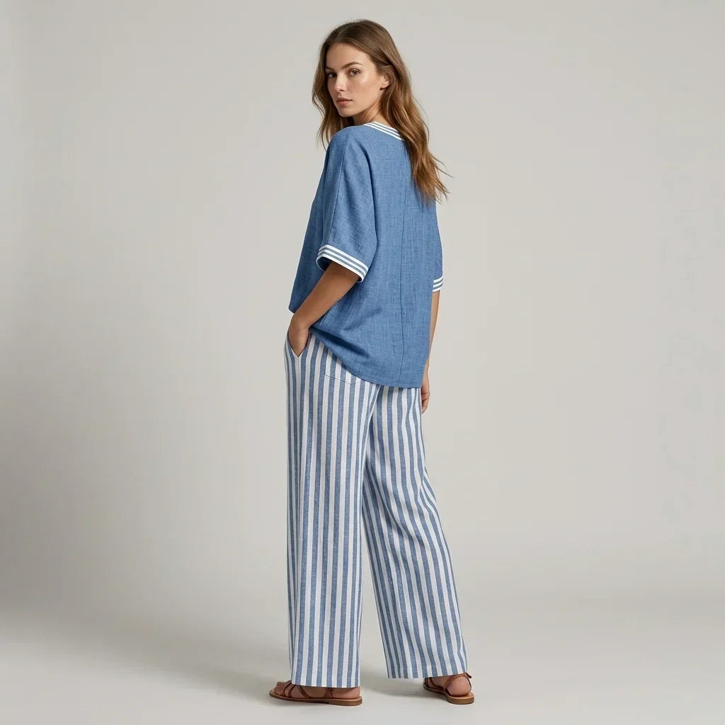 V-Neck Contrast Trim Top and Striped Wide Leg Pants Two Piece Set 5