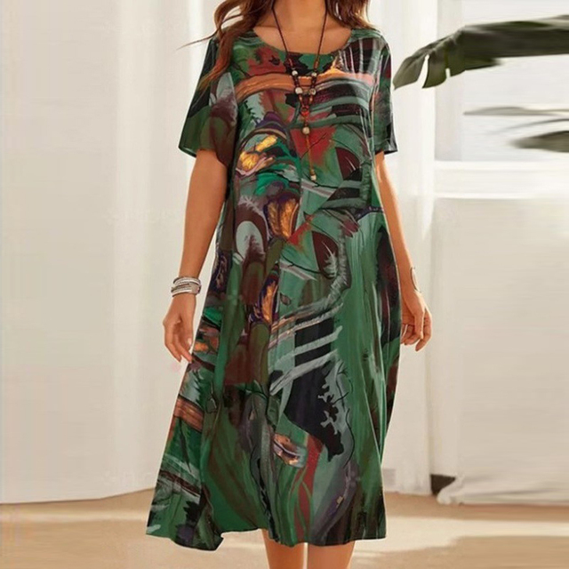 Scoop Neck Short Sleeve Shift Midi Summer Dress - View 2