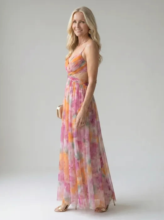 Floral V-Neck Twist Front Sleeveless Mesh Maxi Dress 2