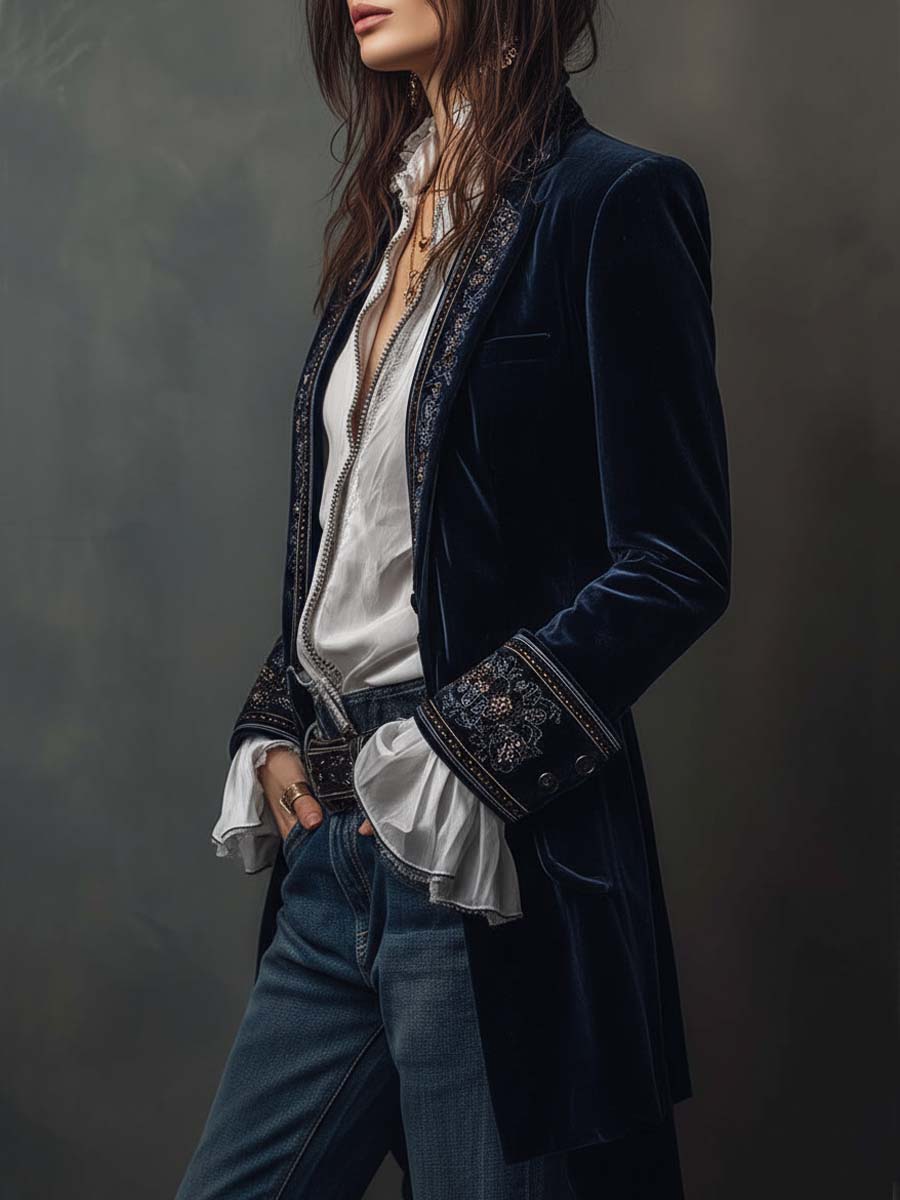 Embroidered Velvet Look Longline Blazer Jacket 4