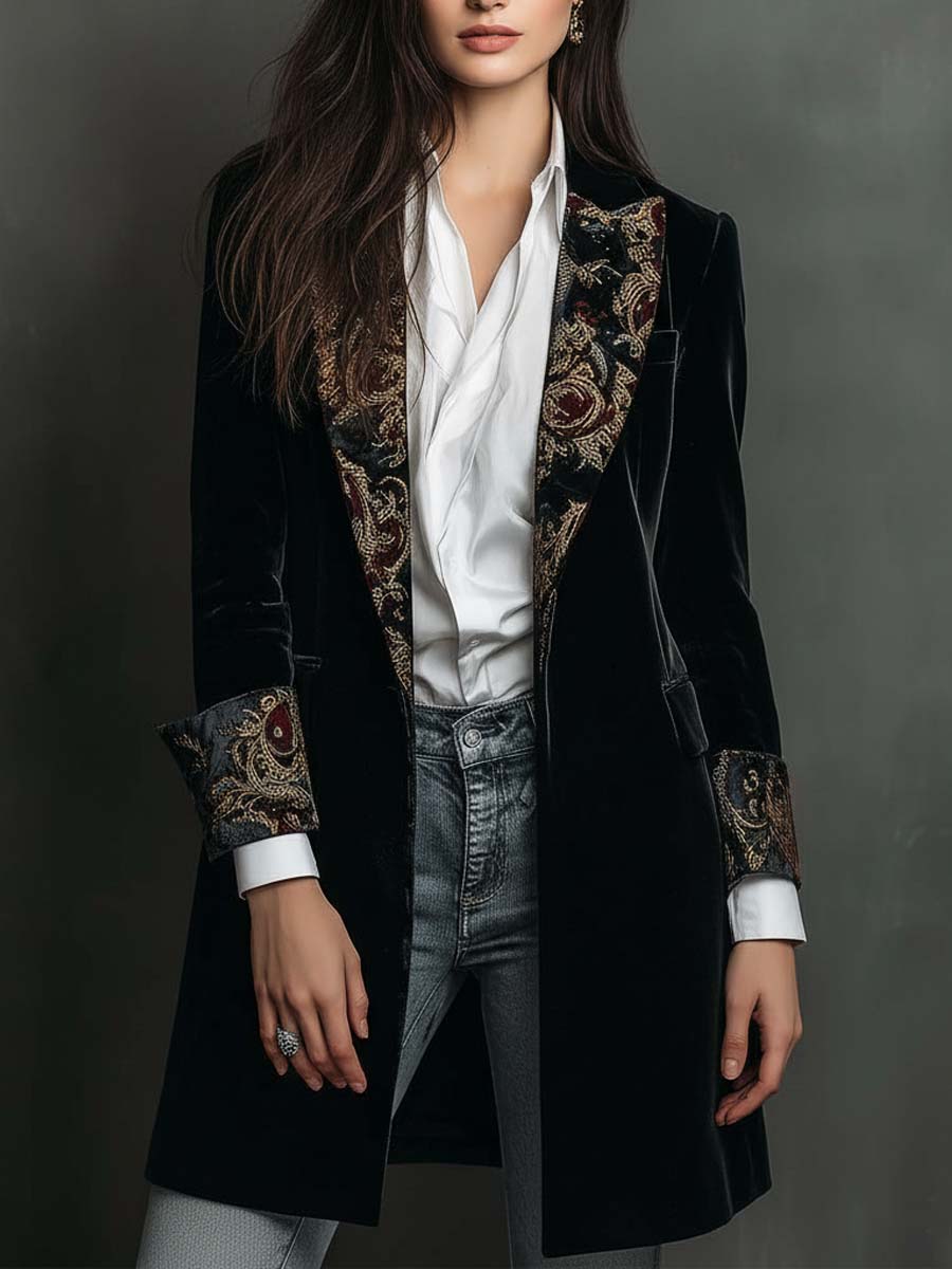 Baroque Brocade Lapel Velvet Look Longline Blazer 2