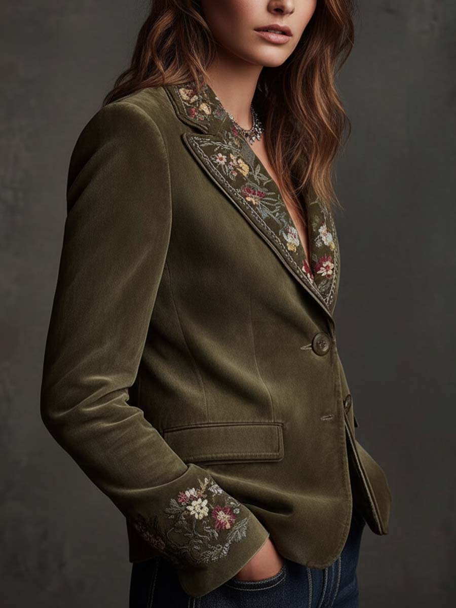 Embroidered Floral Velvet Single Button Blazer 2