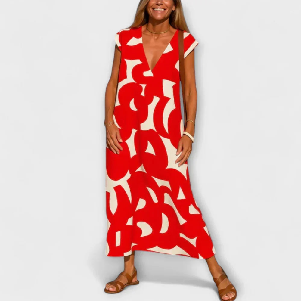 Geometric Print Deep V-Neck Cap Sleeve A-Line Midi Dress 6