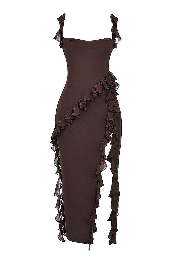 Chiffon Square Neck Ruffle Strap High Split Maxi Gown 32