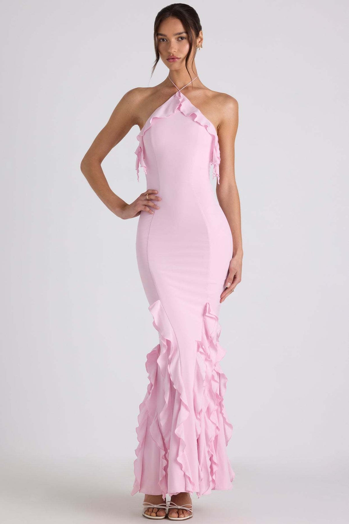 Halter Neck Ruffle Trim Fishtail Maxi Dress