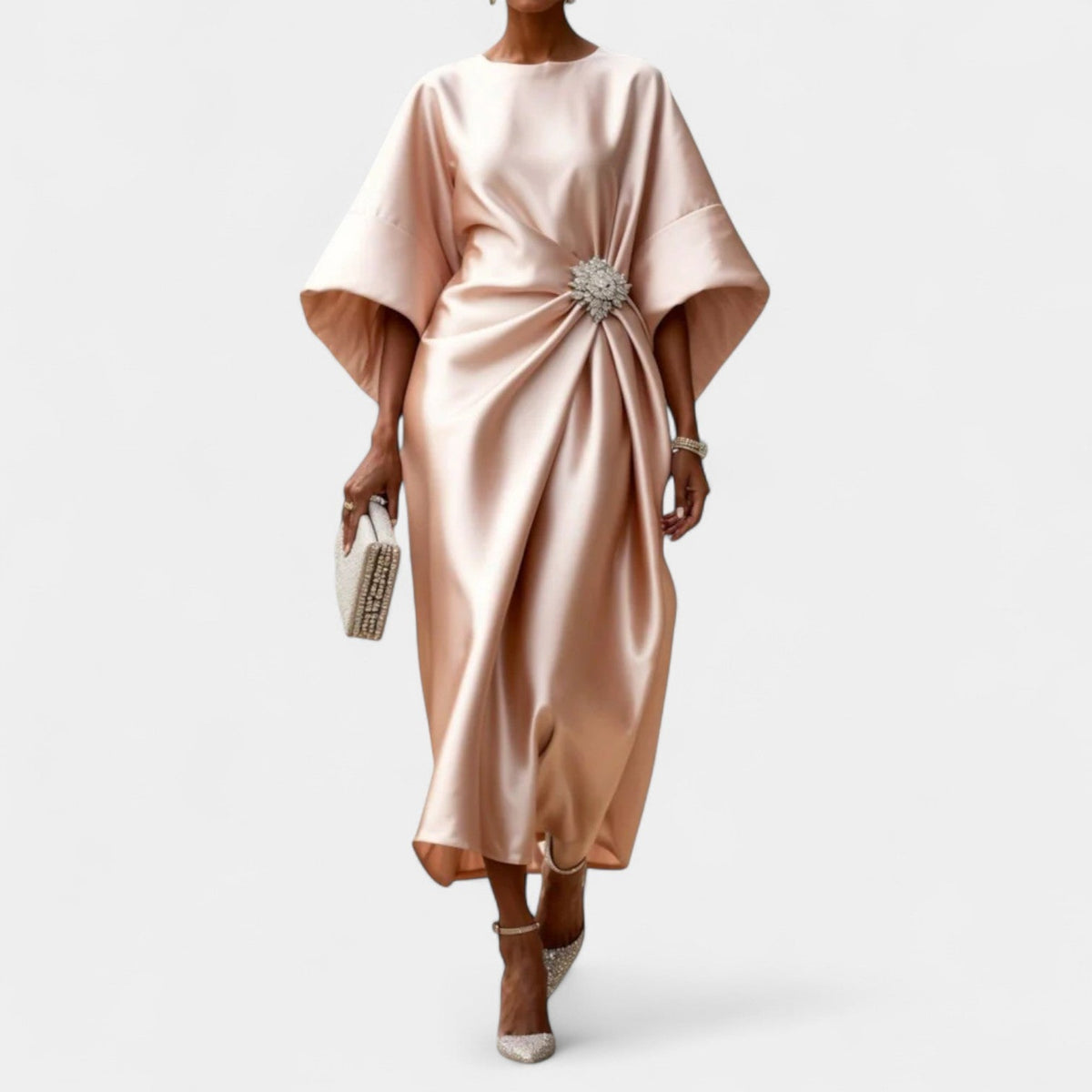 Satin Boat Neck Batwing Sleeve Brooch Ruched Midi Dress 6