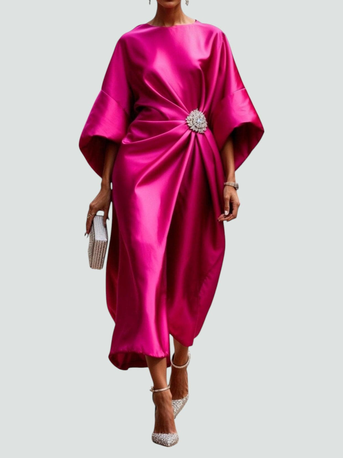 Batwing Sleeve Brooch Ruched Satin Midi Dress 4
