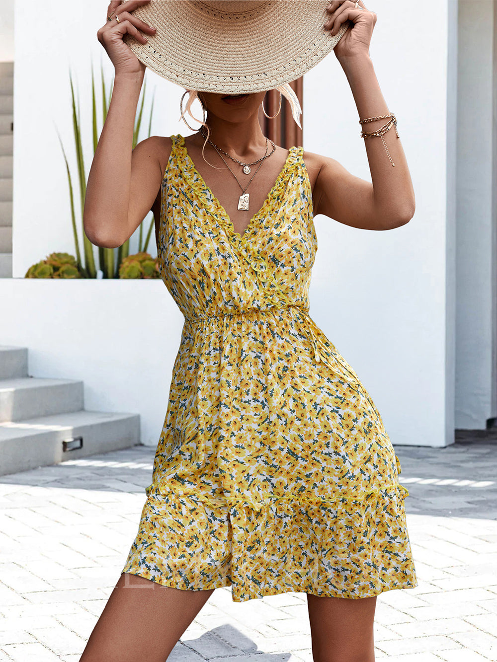 Ditsy Floral V-Neck Ruffle Strap Tiered Mini Dress 3