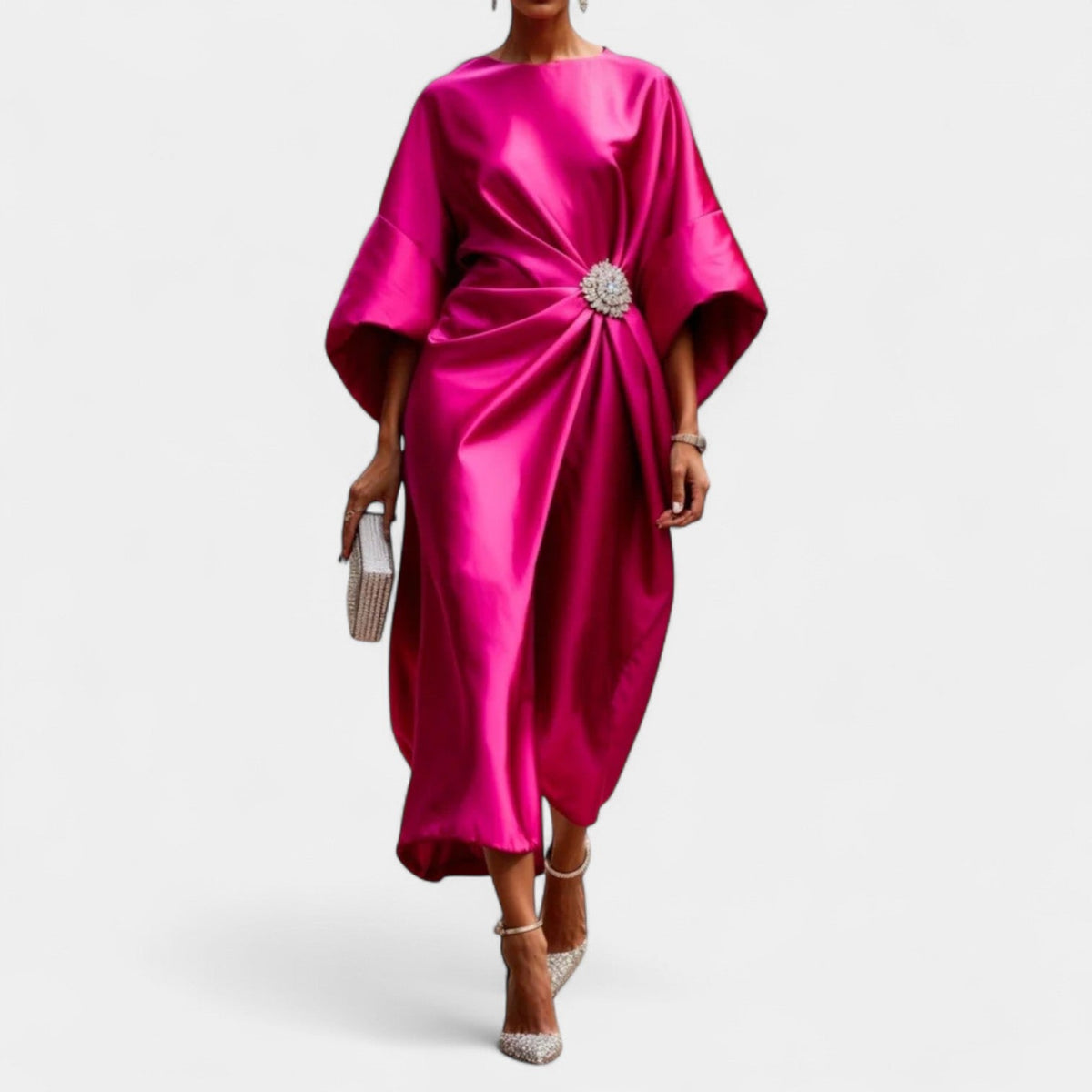Satin Boat Neck Batwing Sleeve Brooch Ruched Midi Dress 3