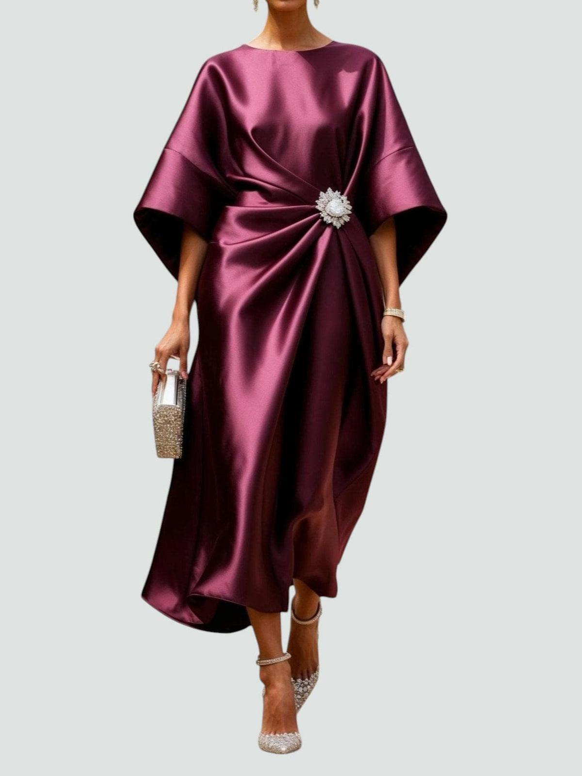 Batwing Sleeve Brooch Ruched Satin Midi Dress 2