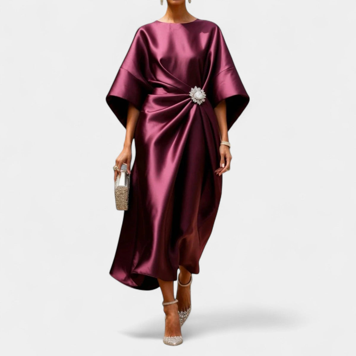 Satin Boat Neck Batwing Sleeve Brooch Ruched Midi Dress 4