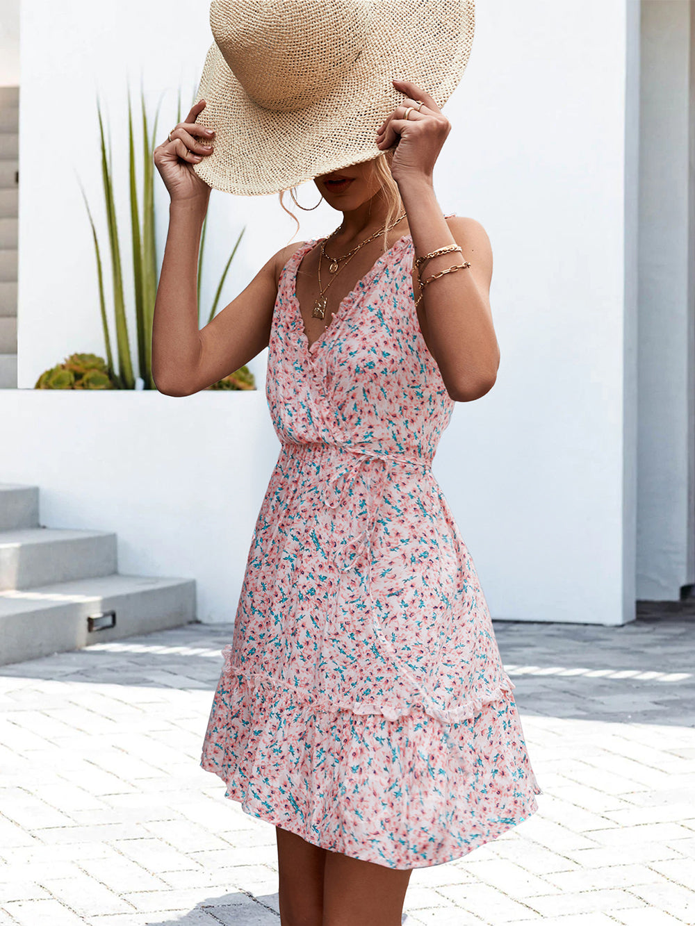 Ditsy Floral V-Neck Ruffle Strap Tiered Mini Dress 6
