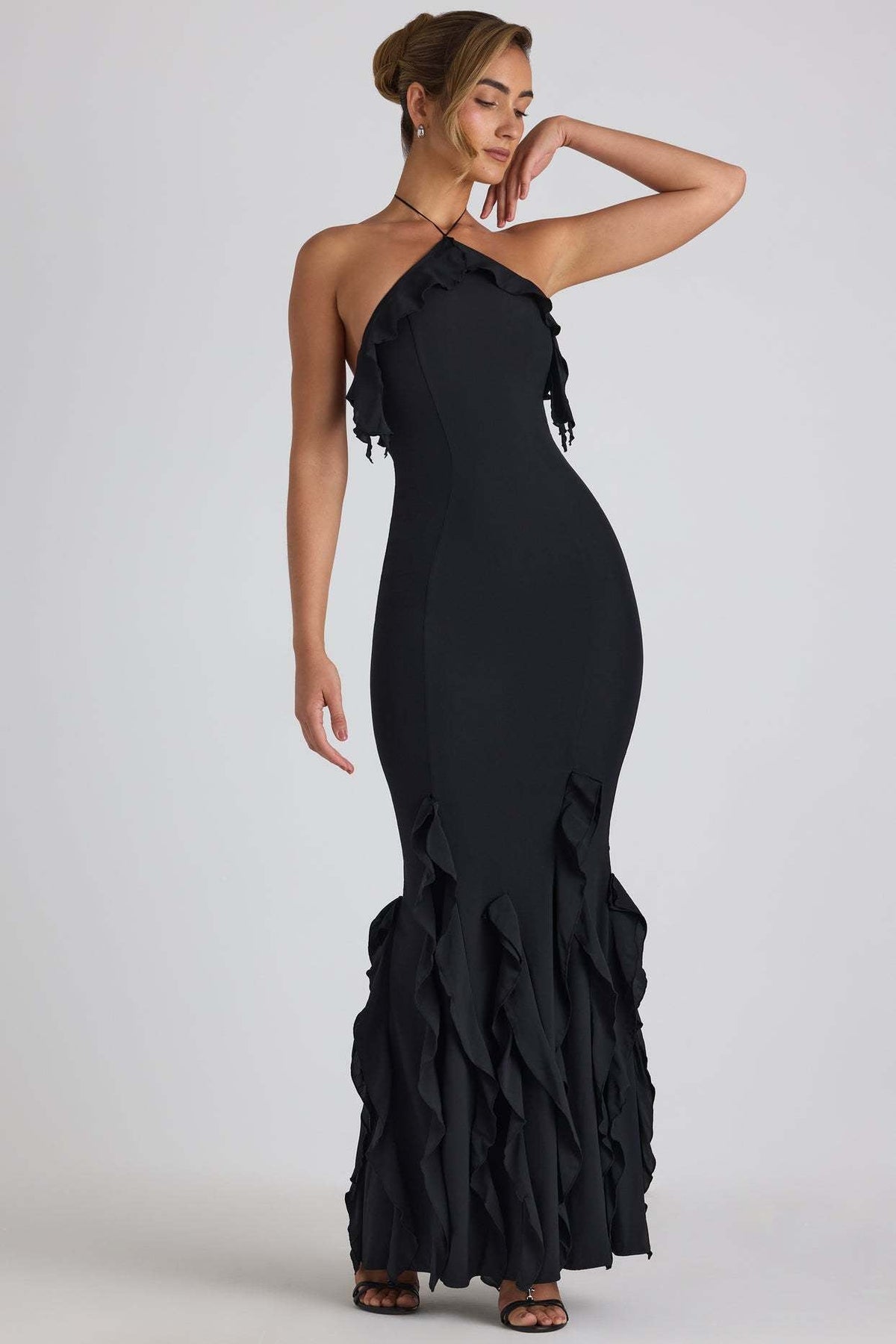 Halter Neck Ruffle Trim Fishtail Maxi Dress - View 6