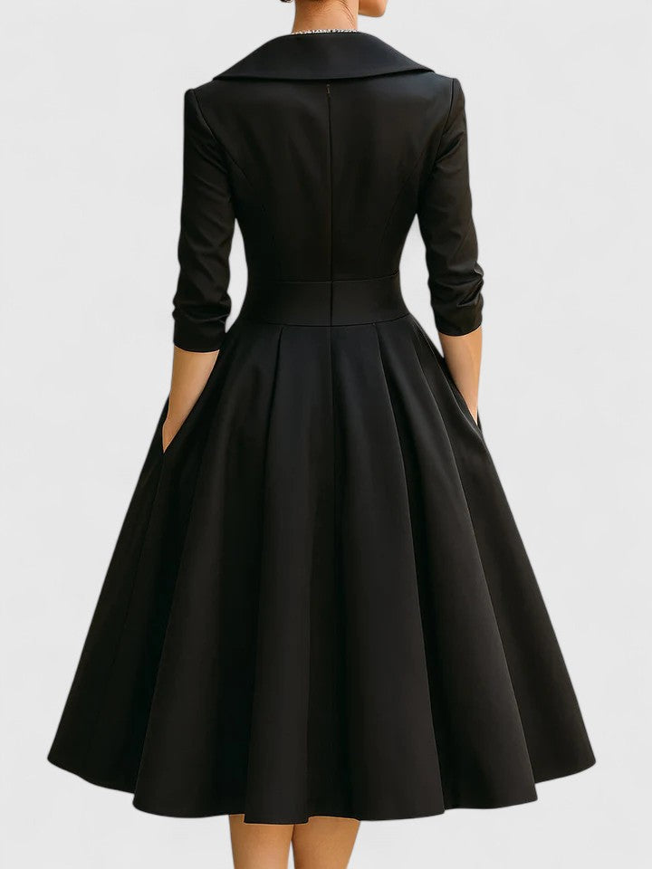 Shawl Collar Wrap Three Quarter Sleeve Fit and Flare Tea Length Dress 5