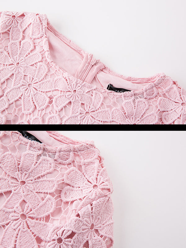 Floral Lace Round Neck Elbow Sleeve Scalloped Hem Shift Mini Dress - View 6