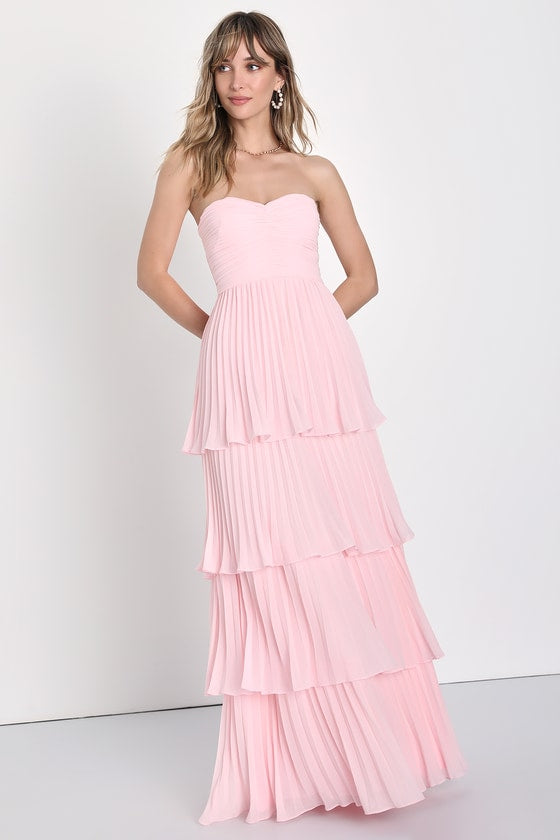 Strapless Sweetheart Ruched Pleated Tiered Maxi Gown 10