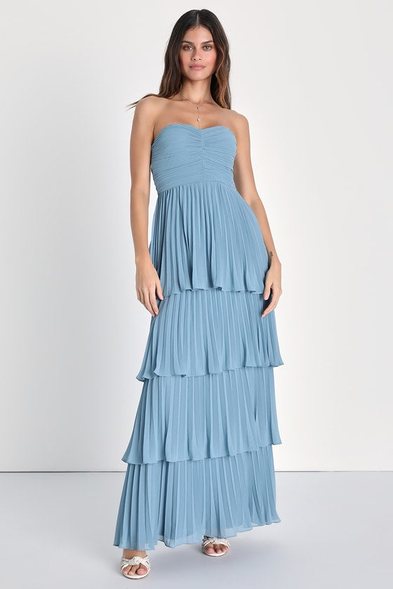 Strapless Sweetheart Ruched Pleated Tiered Maxi Gown 7